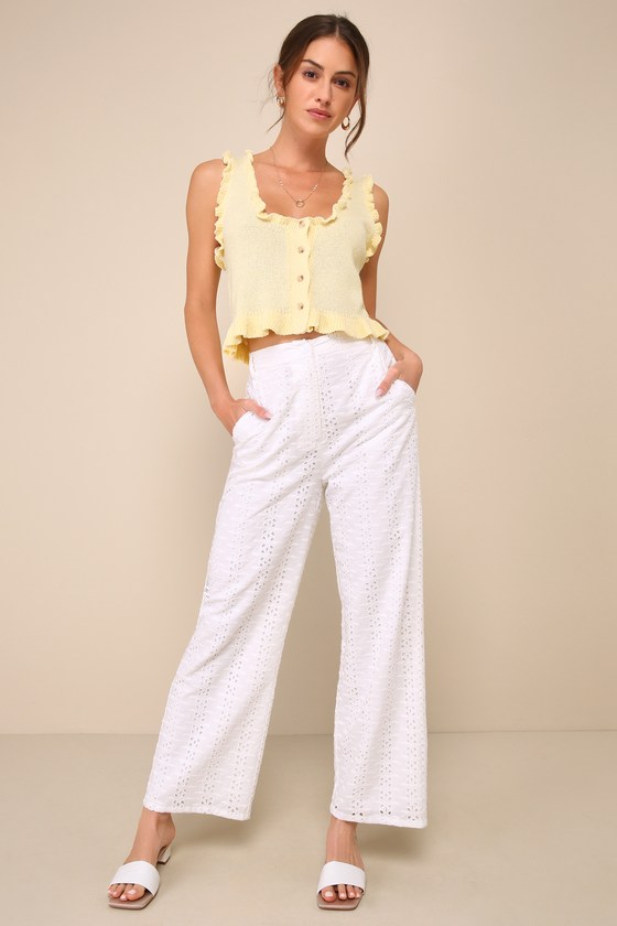 Lulus Sunshine Vision White Embroidered High-rise Straight Leg Pants