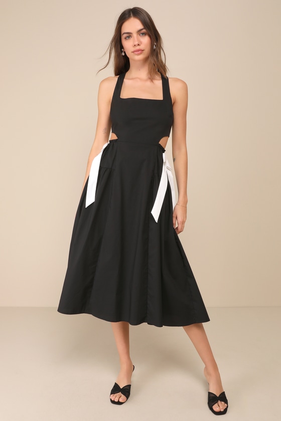 Lulus Incredibly Sweet Black Cutout Bow Sleeveless Midi Skater Dress