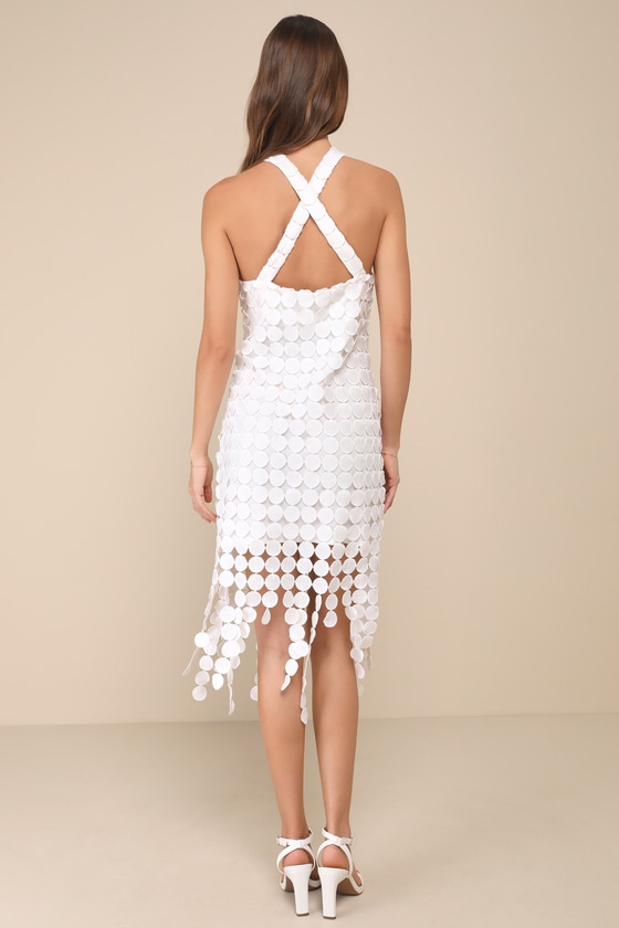 Lulus Flirtatious Fun White 3d Dot Halter Fringe Midi Dress In White