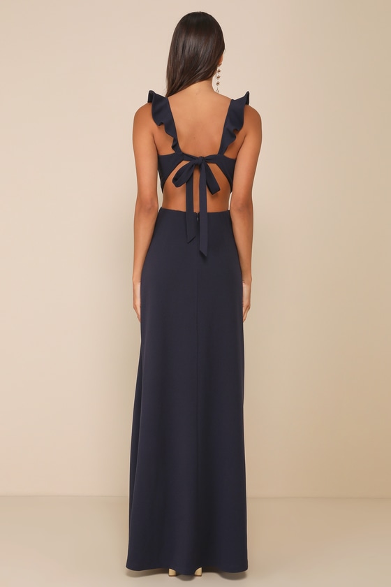 Shop Lulus Captivating Charisma Navy Ruffled Cutout Tie-back Maxi Dress