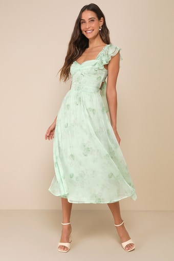 Loveliest Darling Light Green Floral Ruffled Tie-Back Midi Dress