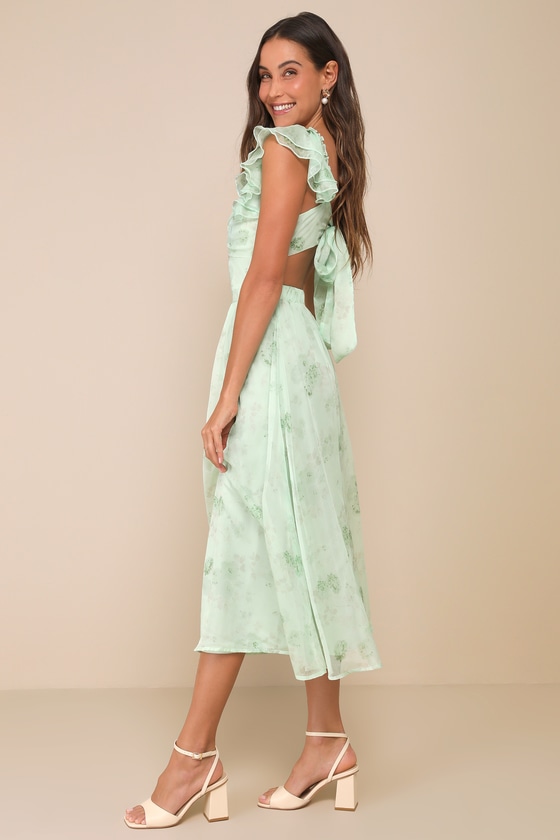 LULUS LOVELIEST DARLING LIGHT GREEN FLORAL RUFFLED TIE-BACK MIDI DRESS