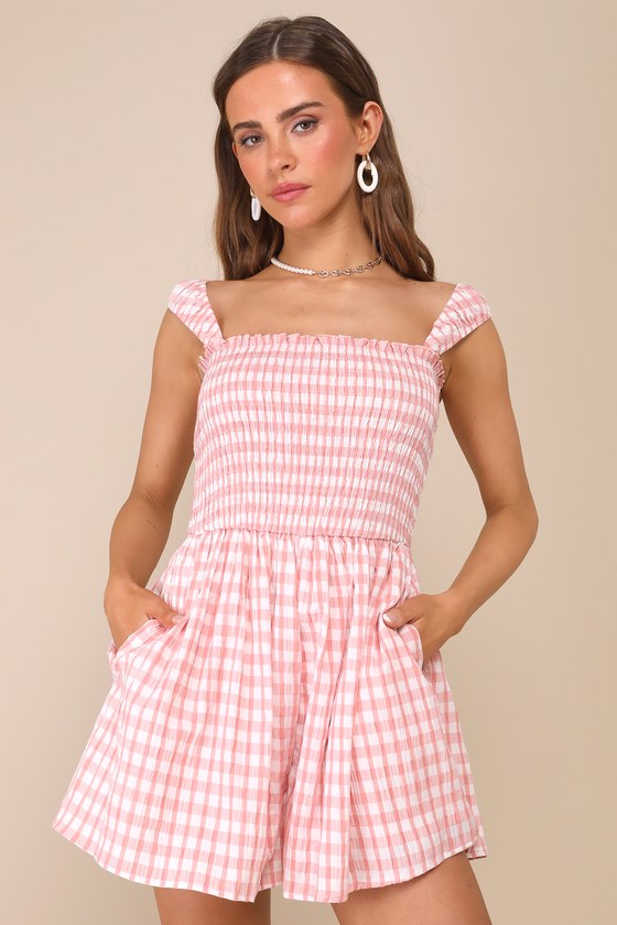 Adorable Girly Ivory and Pink Gingham Smocked Sleeveless Romper 1
