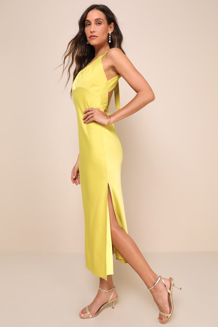 Certainly Glorious Chartreuse Satin Backless Midi Slip Dress