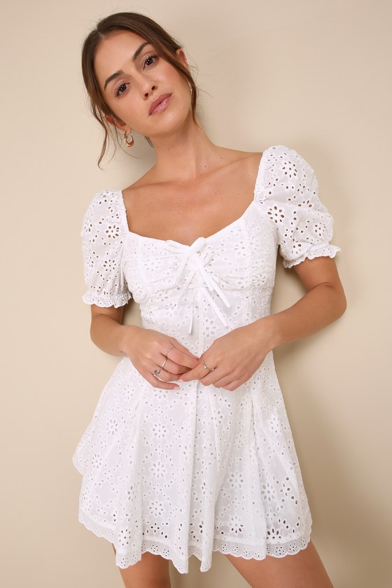 White Mini Dress - Eyelet Embroidered Dress - Puff Sleeve Dress - Lulus