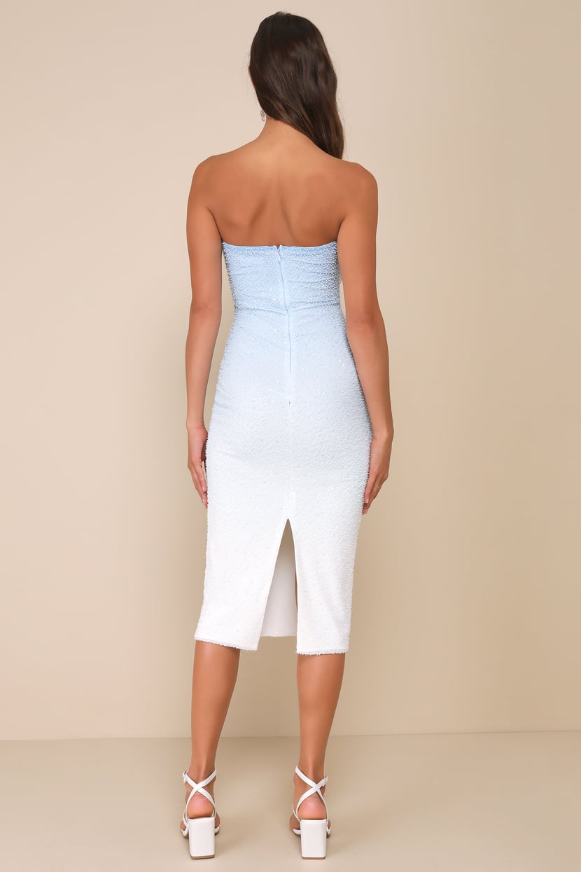 Blue Ombre Dress - Beaded Mini Dress - Mesh Strapless Midi Dress - Lulus