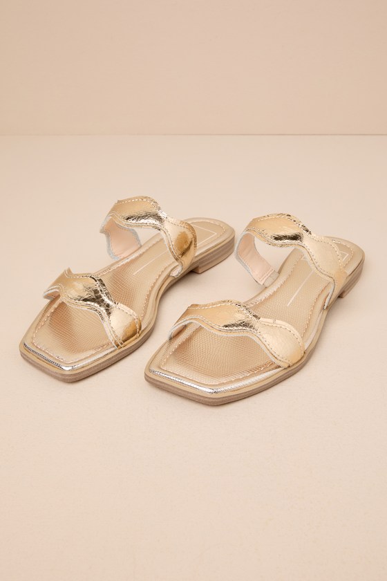 Ilva Low Heel Gold Distressed Leather Slide Sandals 2