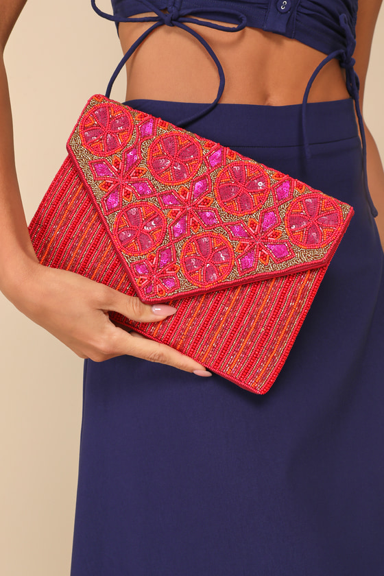 Striking Glam Red Beaded Geometric Envelope Clutch 1