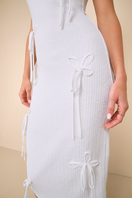 Lulus Adorable Trend White Ribbed Knit Sleeveless Bow Midi Dress In White