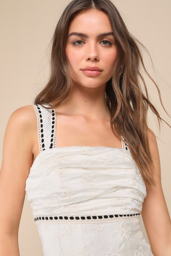 Lulus Lovely Affection Ivory Bow Embroidered Crochet Trim Mini Dress In Ivory