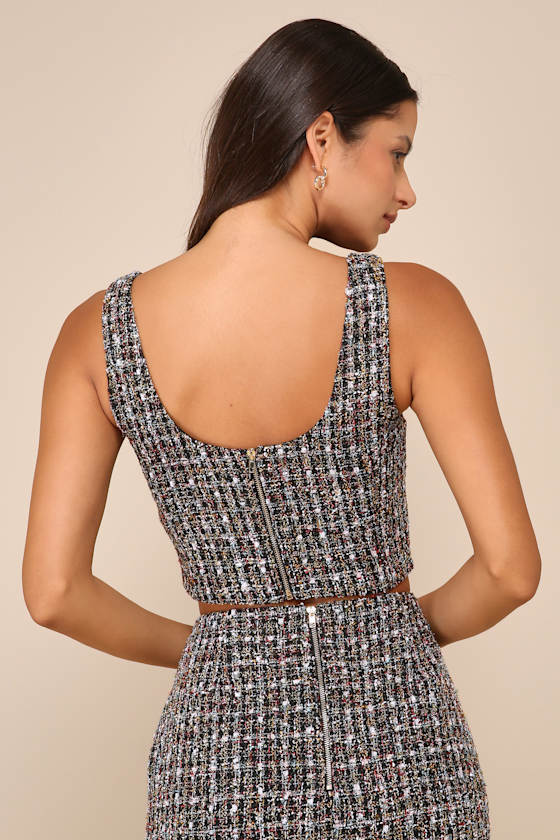 Lulus Charming Icon Black Tweed Lurex Sleeveless Button-front Top In Black
