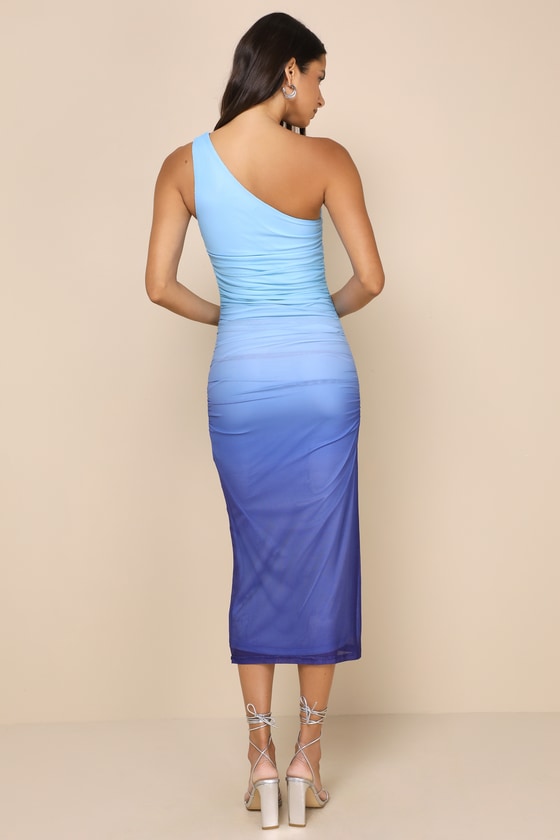 LULUS BEAUTIFUL PERCEPTION BLUE OMBRE ONE-SHOULDER MESH MIDI DRESS