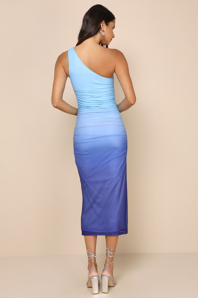 Beautiful Perception Blue Ombre One-Shoulder Mesh Midi Dress