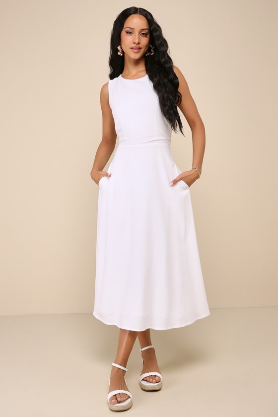 Lulus Sunny Energy White Linen Lace-up Midi Dress With Pockets In White