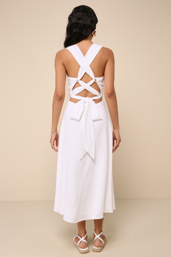 Lulus Sunny Energy White Linen Lace-up Midi Dress With Pockets In White
