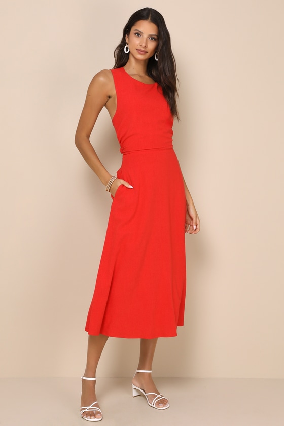 Lulus Sunny Energy Red Lace-up Midi Dress With Pockets In Red