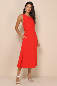 Sunny Energy Red Lace-Up Midi Dress with Pockets