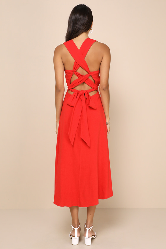 Lulus Sunny Energy Red Lace-up Midi Dress With Pockets In Red