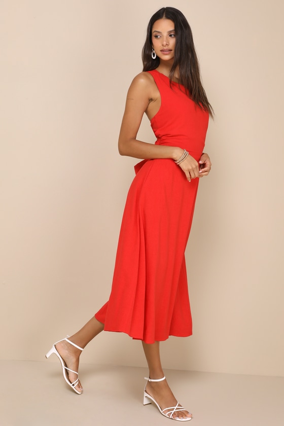 Lulus Sunny Energy Red Lace-up Midi Dress With Pockets In Red