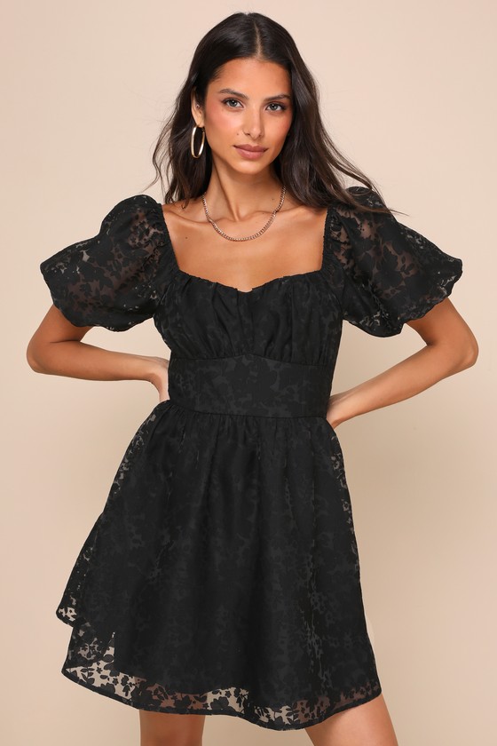 Lulus Sweetest Effect Black Floral Burnout Puff Sleeve Mini Dress In Black