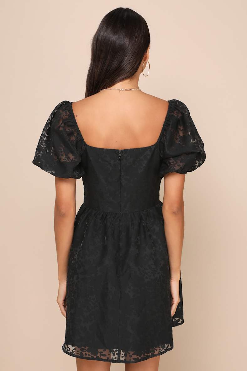 Sweetest Effect Black Floral Burnout Puff Sleeve Mini Dress