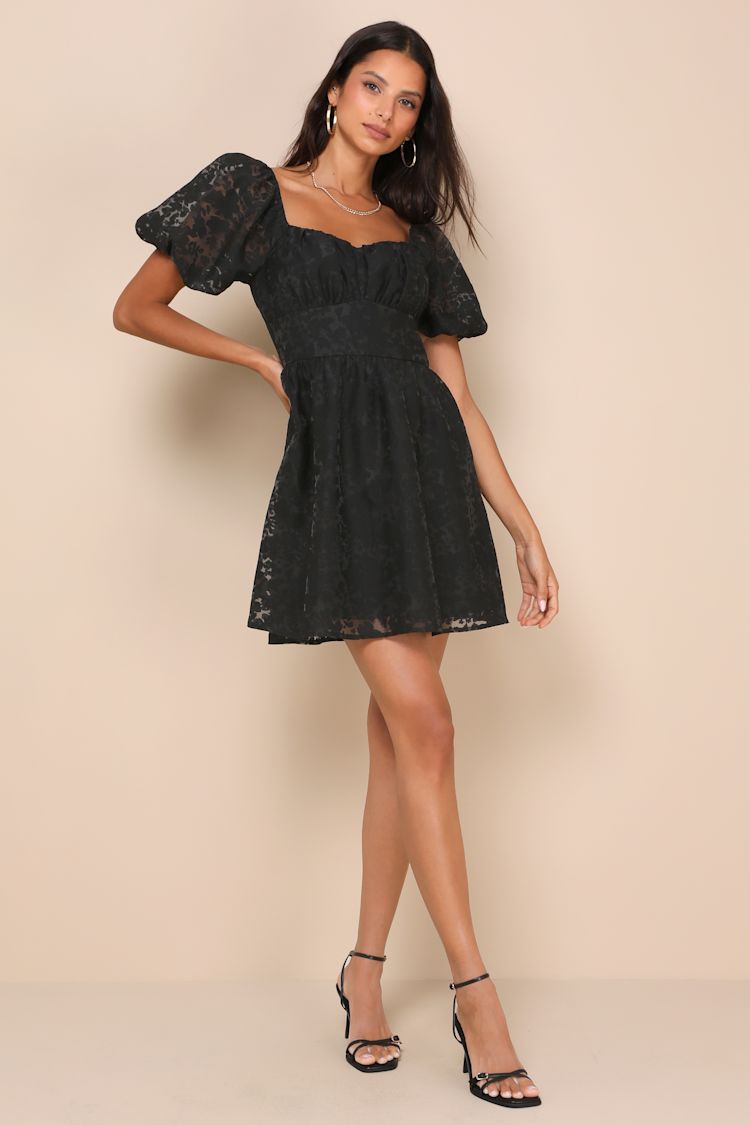 Sweetest Effect Black Floral Burnout Puff Sleeve Mini Dress