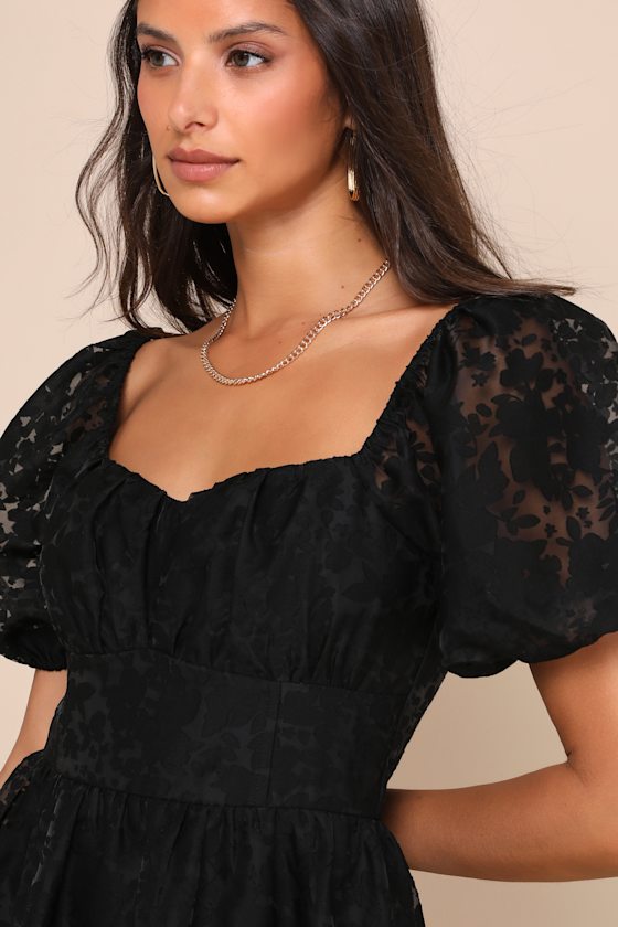 Lulus Sweetest Effect Black Floral Burnout Puff Sleeve Mini Dress In Black