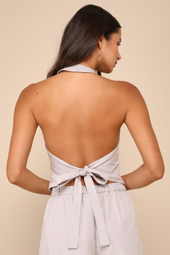 Posh Certainty Beige Pinstripe Tie-Back Halter Vest Top 3