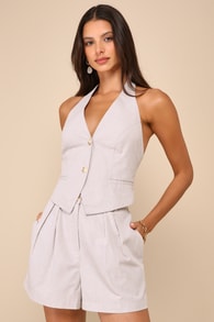 Posh Certainty Beige Pinstripe Pleated High-Rise Shorts 2