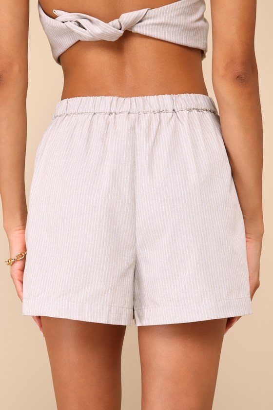 Lulus Posh Certainty Beige Pinstripe Linen Pleated High-rise Shorts In Beige