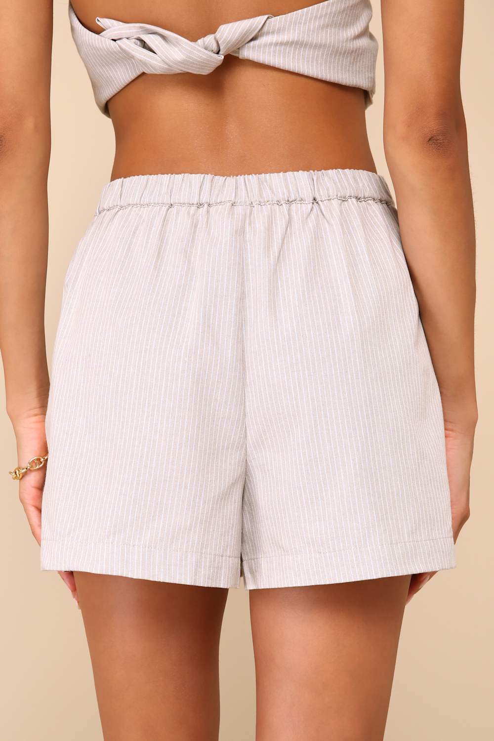 Posh Certainty Beige Pinstripe Linen Pleated High-Rise Shorts