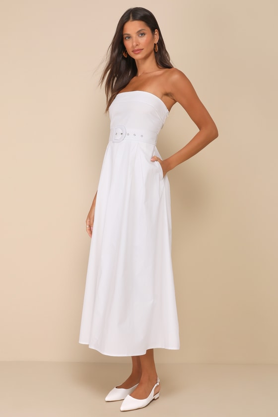 Lulus Trendsetting Choice White Strapless Midi Dress With Pockets