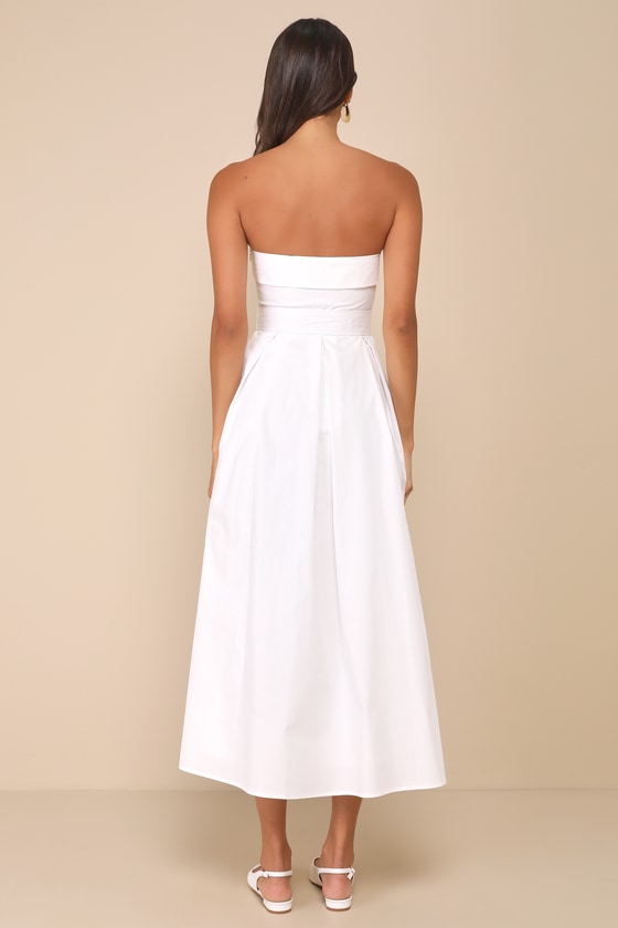 Lulus Trendsetting Choice White Strapless Midi Dress With Pockets In White