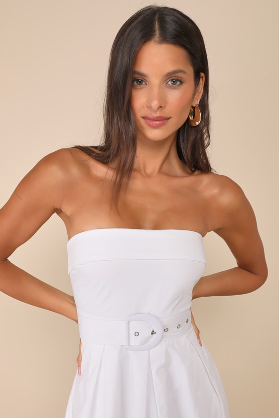 White Strapless Dress - Midi Dress With Pockets - Belt Dress - Lulus