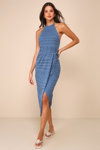 Blissful Strolls Slate Blue Crochet Faux-Wrap Halter Midi Dress 1