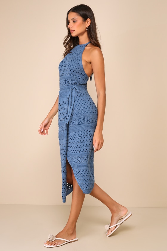 Shop Lulus Blissful Strolls Slate Blue Crochet Faux-wrap Halter Midi Dress