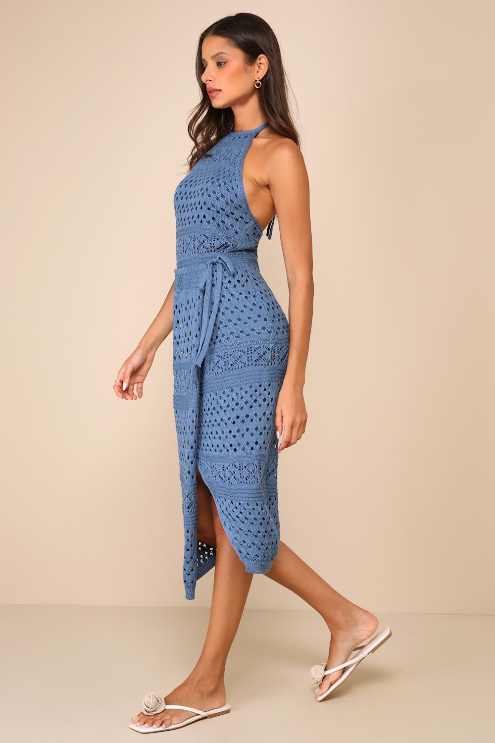 Blissful Strolls Slate Blue Crochet Faux-Wrap Halter Midi Dress
