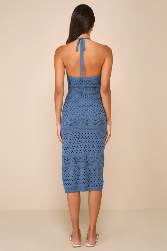 Shop Lulus Blissful Strolls Slate Blue Crochet Faux-wrap Halter Midi Dress