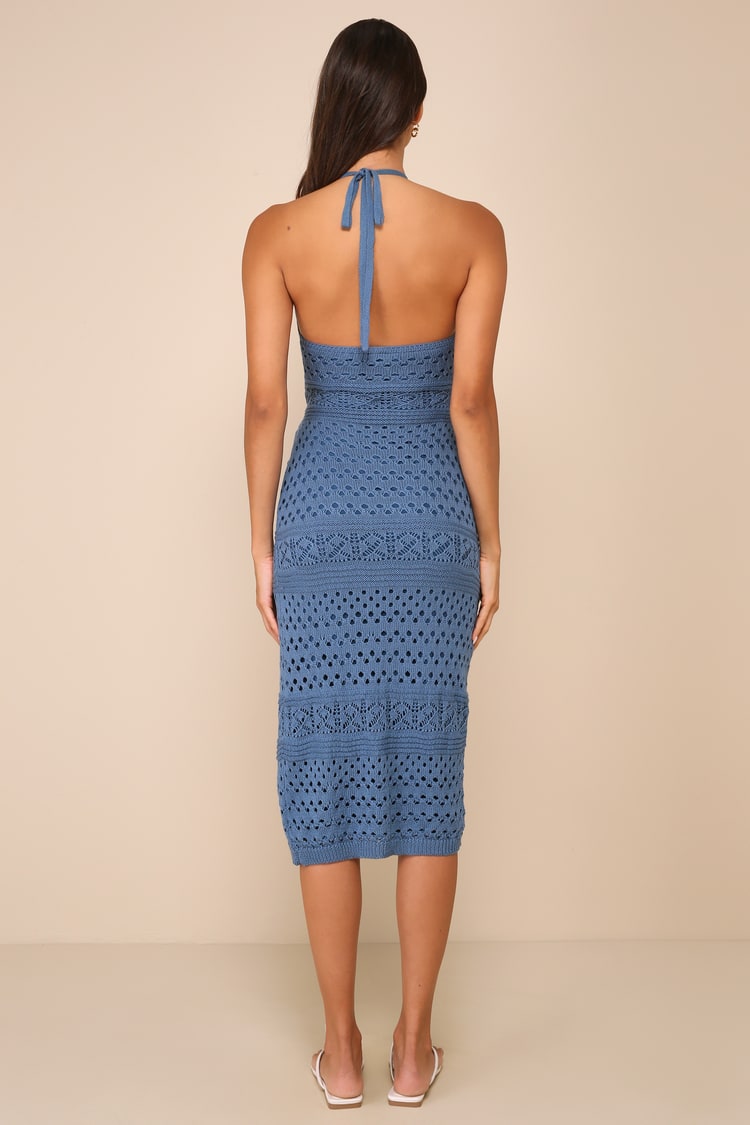 Blissful Strolls Slate Blue Crochet Faux-Wrap Halter Midi Dress