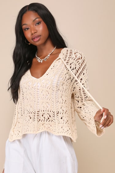 Cream Crochet Knit Top Crochet Sweater Top Beach Sweater Lulus