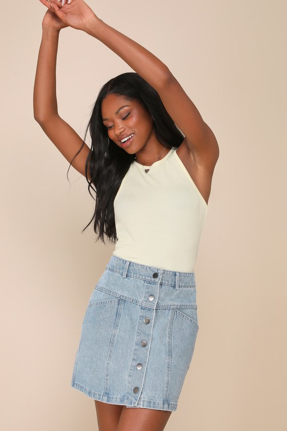 Real Babe Medium Wash High Waisted Button-Up Denim Mini Skirt 1