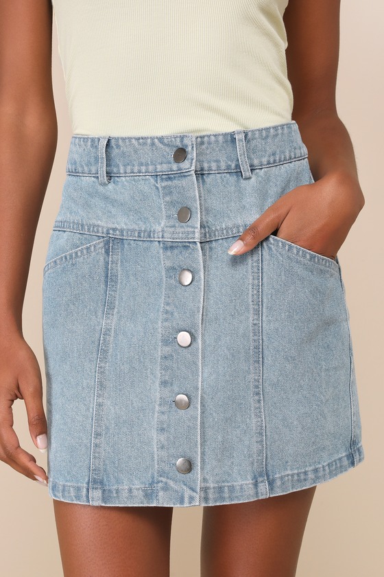 Lulus Real Babe Medium Wash High Waisted Button-up Denim Mini Skirt In Blue