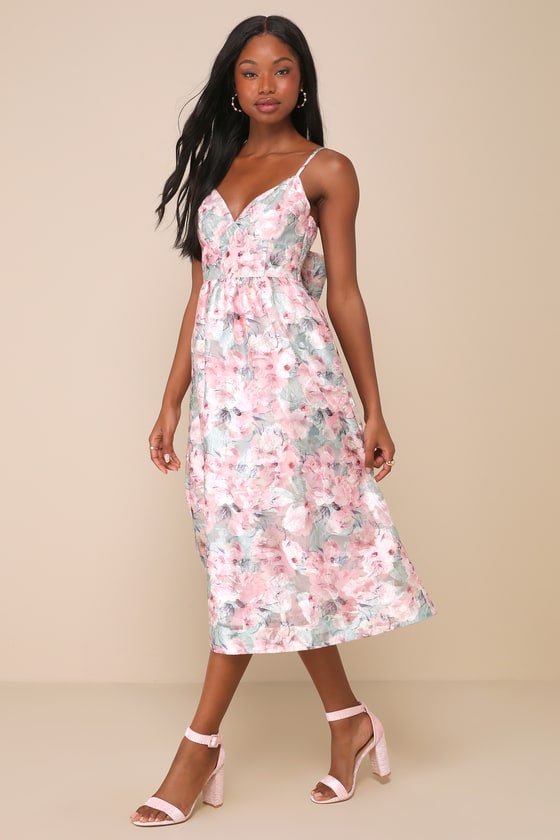 Captivating Darling Green and Pink Floral Bow Midi Dress 1