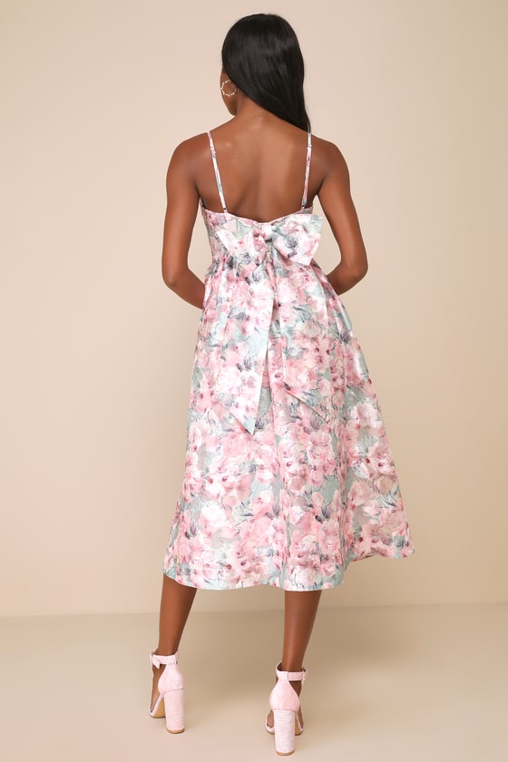 Captivating Darling Green and Pink Floral Bow Midi Dress 3