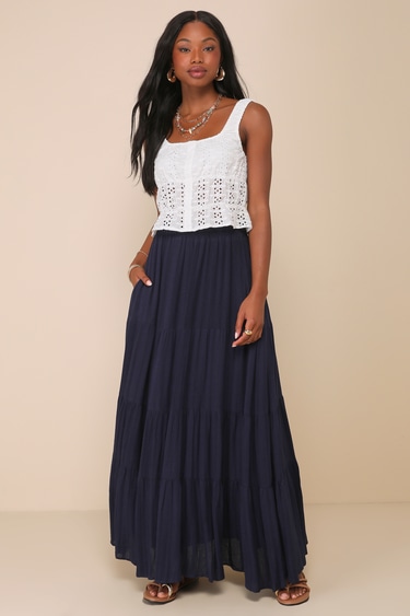 Navy Maxi Skirt Tiered Maxi Skirt Embroidered Maxi Skirt Lulus