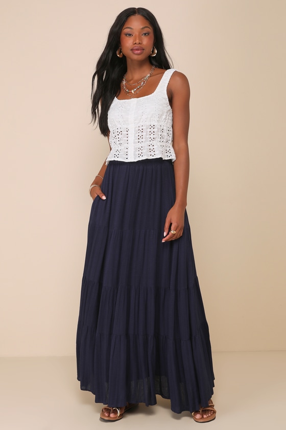 Sunset by the Sea Navy Embroidered Tiered Maxi Skirt 1
