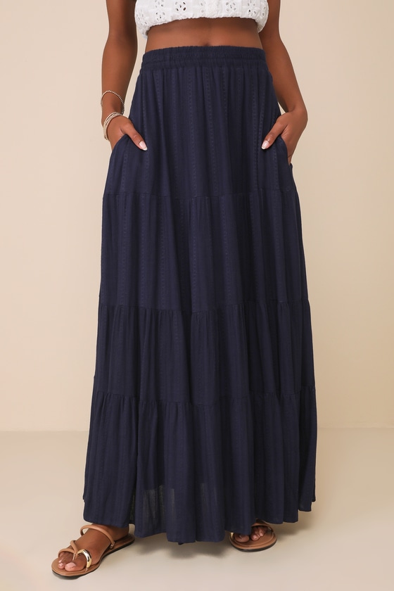 Sunset by the Sea Navy Embroidered Tiered Maxi Skirt 2