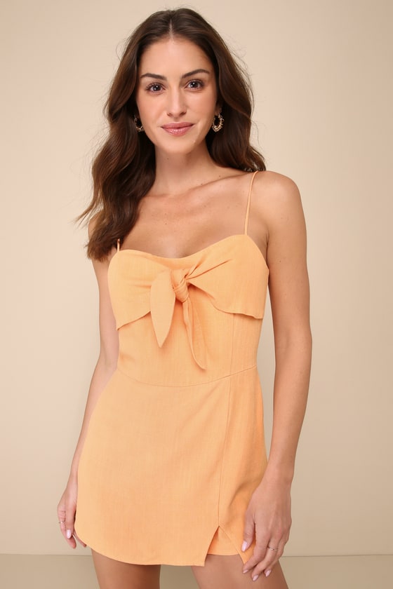 Lulus Sunny Favorite Orange Linen Sleeveless Tie-front Romper In Gold