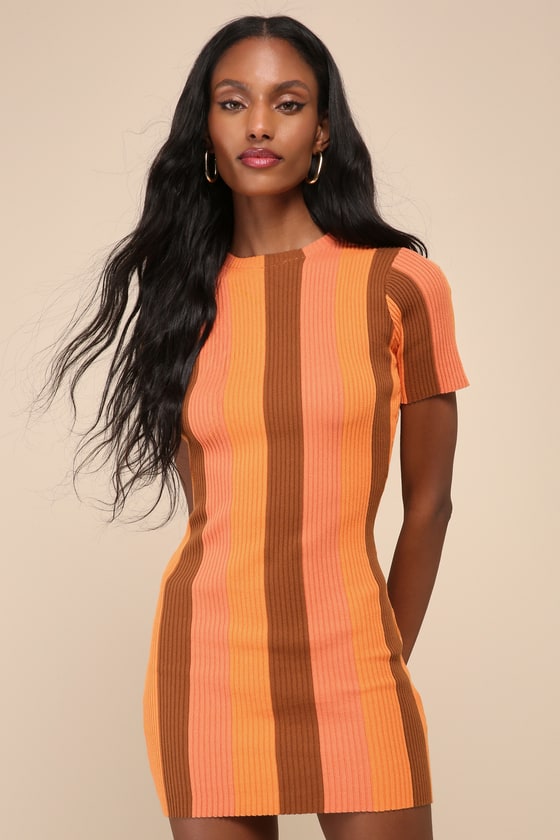 Lulus Definitely Cool Orange Striped Ribbed Short Sleeve Mini Dress