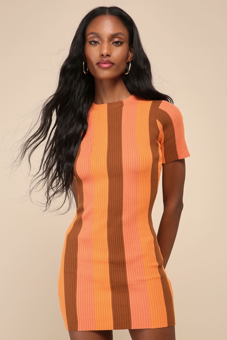 Definitely Cool Orange Striped Ribbed Short Sleeve Mini Dress